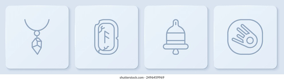Collar de línea con cristal, campana de alarma, runas mágicas y cometa cayendo rápidamente. Botón cuadrado blanco. Vector