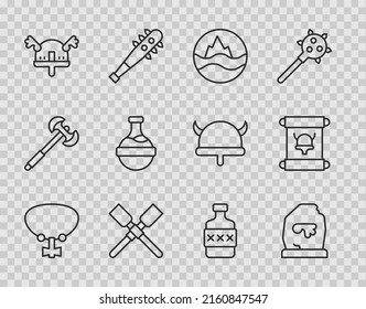 Set Linie Nekklace mit Edelstein, Magic Rune, Meer und Wellen, Oars oder Paddelboot, Viking in Horn Helm, Flasche Träne, Whiskey Flasche und Dekret, Perchment, Scrollsymbol. Vektorgrafik