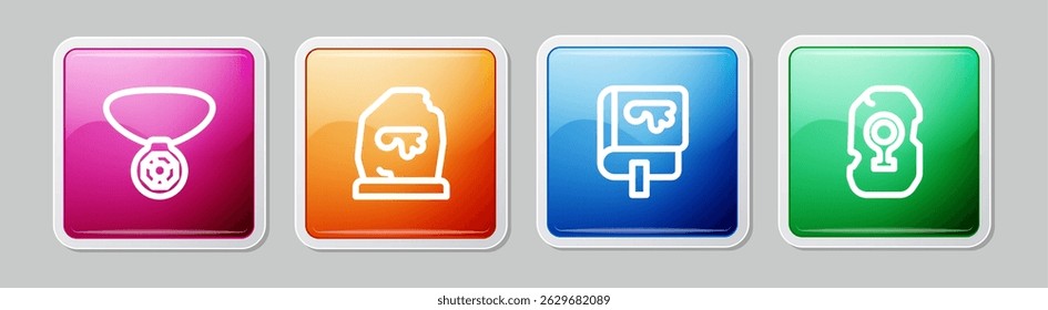 Set line Necklace with gem, Magic rune, Viking book and . Colorful square button. Vector