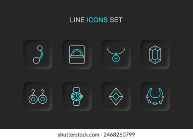 Set line Necklace, Gem stone, Wrist watch, Earrings, Locket necklace, Diamond engagement box and Piercing icon. Vector
