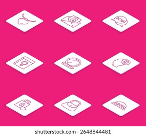 Set line Colar com pingente em forma de coração, Envelope 8 março, Bolha de fala Eu te amo, Livro sobre mulheres, espelho de maquiagem em pó, na cabeça humana, Saco de compras e ícone de bolsa. Vetor