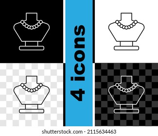 Set line Necklace on mannequin icon isolated on black and white, transparent background.  Vector