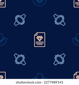 Set line Necklace on mannequin, Diamond engagement ring and Certificate of the diamond on seamless pattern. Vector