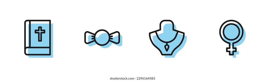 Set line Necklace on mannequin, Holy bible book, Bow tie and Female gender symbol icon. Vector