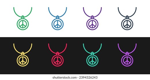 Set line Necklace with peace symbol icon isolated on black and white background. Hippie symbol of peace.  Vector