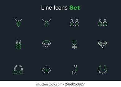 Set Line Halskette, Piercing, auf Mannequin, Diamant, Ohrstecker und Ohrringe Symbol. Vektorgrafik