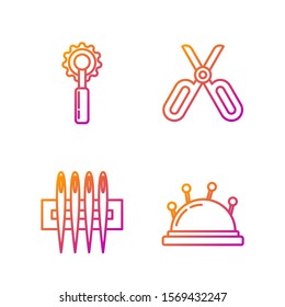 Set line Needle bed and needles, Needle for sewing, Cutter tool and Scissors. Gradient color icons. Vector