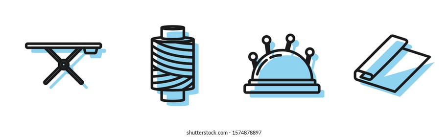 Set line Needle bed and needles, Ironing board, Sewing thread on spool and Textile fabric roll icon. Vector