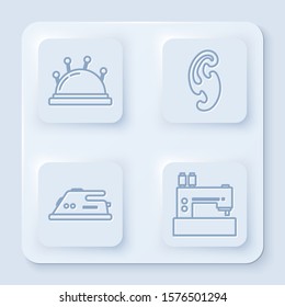 Set line Needle bed and needles, French curves, Electric iron and Sewing machine. White square button. Vector