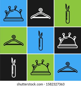 Set line Needle bed and needles, Cutter tool and Hanger wardrobe icon. Vector
