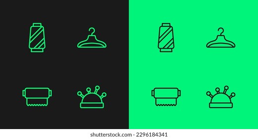 Set line Needle bed and needles, Textile fabric roll, Sewing thread on spool and Hanger wardrobe icon. Vector