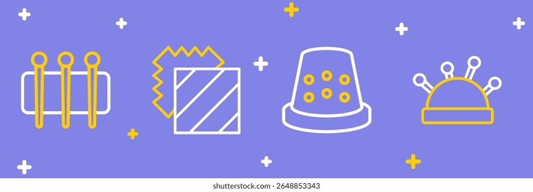Set line Needle bed and needles, Thimble for sewing, Layers clothing textile and  icon. Vector