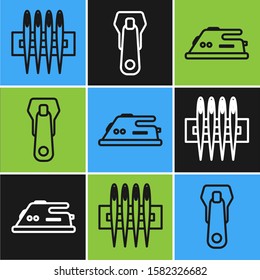 Set line Needle for sewing, Electric iron and Zipper icon. Vector