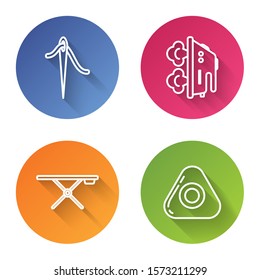 Set line Needle for sewing with thread, Electric iron, Ironing board and Sewing chalk. Color circle button. Vector