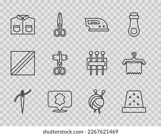 Set line Needle with thread, Thimble for sewing, Electric iron, Leather, Shirt, Scissors, Yarn ball knitting needles and Hanger wardrobe icon. Vector