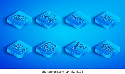 Set line Nefertiti, Cross ankh, Hookah, Eye of Horus on monitor, Tropical palm tree,  and Egypt mummy in sarcophagus icon. Vector