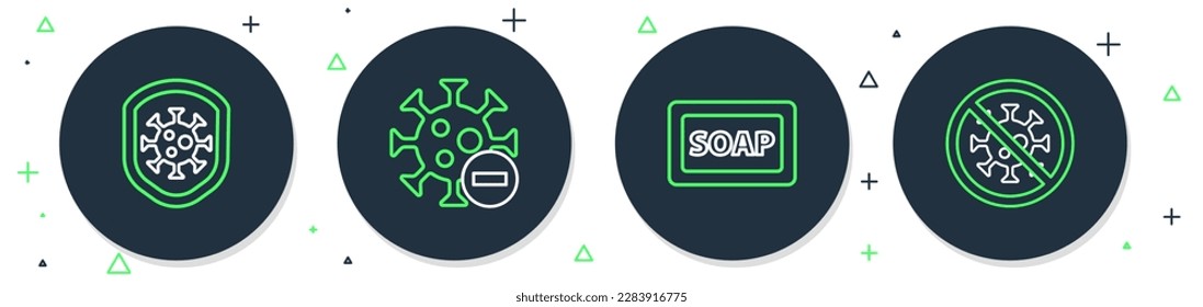 Set line Negative virus, Bar of soap, Shield protecting from and Stop icon. Vector