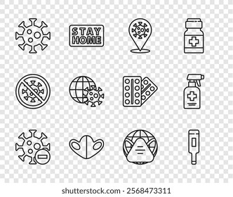 Set line Negative virus, Medical thermometer, Corona 2019-nCoV on location, protective mask, Virus, Earth globe with, medical and Liquid antibacterial soap icon. Vector