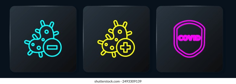 Set line Negative virus, Shield protecting from and Positive. Black square button. Vector