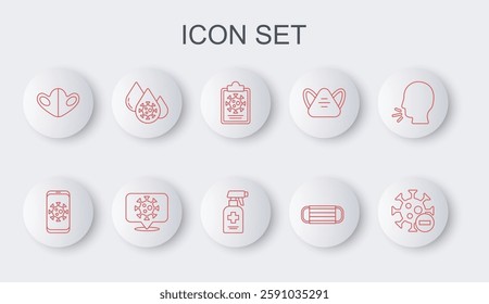 Set line Negative virus, Virus statistics on mobile, Clipboard with blood test results, Medical protective mask, Blood and, Corona location and Liquid antibacterial soap icon. Vector