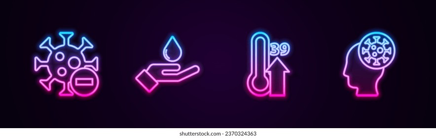 Set line Negative virus, Washing hands with soap, High human body temperature and Human. Glowing neon icon. Vector