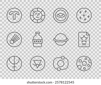 Set line Neptune planet, Full moon, Medallion with eye, Earth element, Aries zodiac, Bottle of water, Solar system and Star constellation icon. Vector