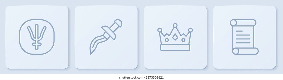 Set line Neptun Planet, König Kronen, Dagger und Dekret, Pergament, Scroll. Weißer Quadrat-Knopf. Vektorgrafik