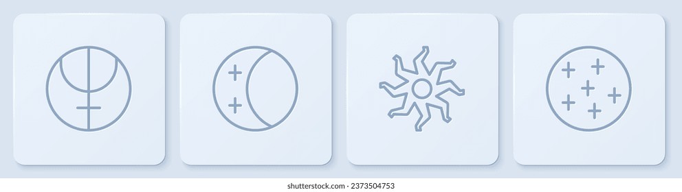 Línea Neptuno Planeta, Sol, Eclipse del Sol y Luna Llena. Botón cuadrado blanco. Vector