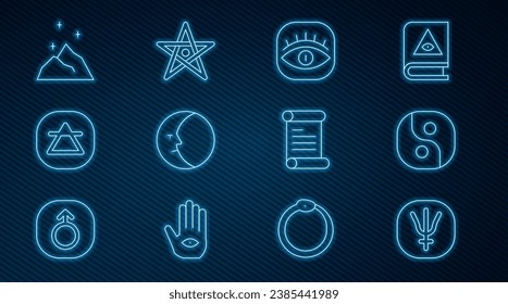 Set line Neptune planet, Yin Yang, Masons, Moon, Air element, Magic powder, Decree, parchment, scroll and Pentagram icon. Vector