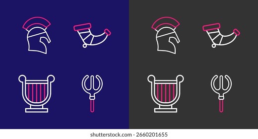 Set line Neptune Trident, lira antigua, cuerno de caza y casco griego icono. Vector
