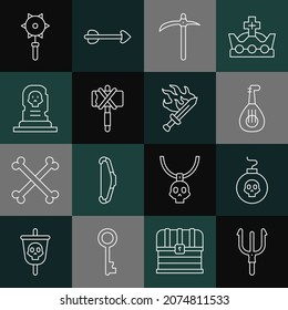 Set line Neptune Trident, Bomb ready to explode, Lute, Pickaxe, Medieval, Grave with tombstone, chained mace ball and Sword for game icon. Vector