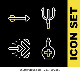 Set line Neptune Trident, Bottle with potion, Magic arrow and Arrow icon. Vector