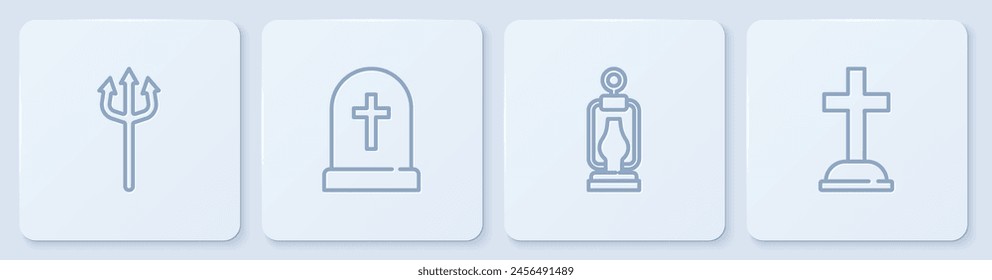 Set line Neptune Trident, Camping lantern, Tombstone with cross and . White square button. Vector