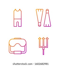 Set line Neptune Trident, Diving mask, Wetsuit for scuba diving and Rubber flippers for swimming. Gradient color icons. Vector