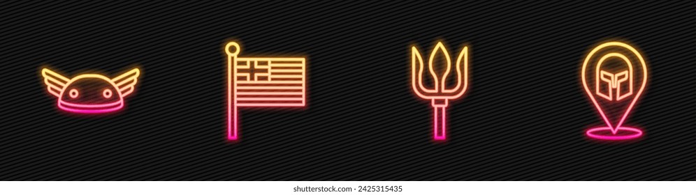 Línea de ajuste Neptuno Tridente, Casco con alas, bandera nacional de Grecia y casco griego. Icono de neón brillante. Vector