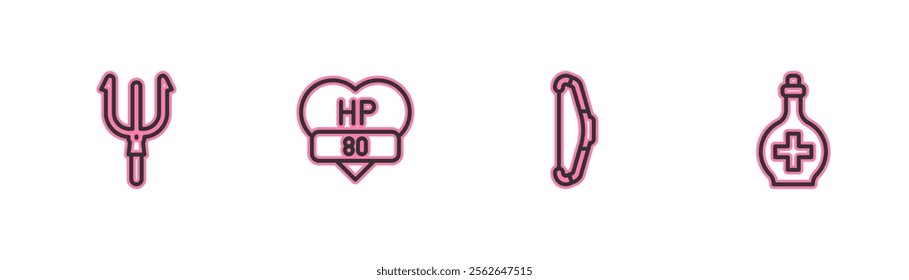 Set line Neptune Trident, Medieval bow, Video game bar and Bottle with potion icon. Vector
