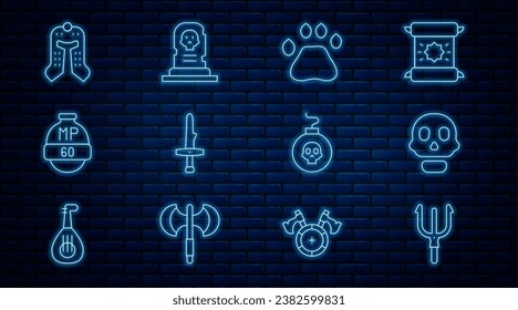 Set line Neptune Trident, Skull, Bear paw footprint, Dagger, Video game bar, Medieval helmet, Bomb ready to explode and Grave with tombstone icon. Vector