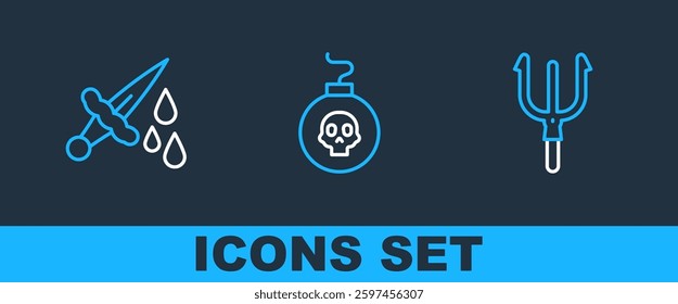 Set line Neptune Trident, Sword with blood and Bomb ready to explode icon. Vector