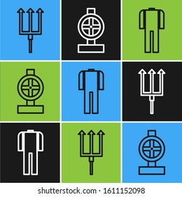 Set line Neptune Trident, Wetsuit for scuba diving and Industry metallic pipes and valve icon. Vector