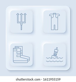 Set line Neptune Trident, Wetsuit for scuba diving, Boots and Floating buoy on the sea. White square button. Vector