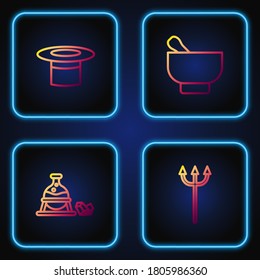 Set line Neptune Trident, Witch cauldron and magic stone, Magician hat and mortar pestle. Gradient color icons. Vector