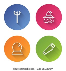 Set line Neptune Trident, Witch, Magic ball and Hand saw. Color circle button. Vector