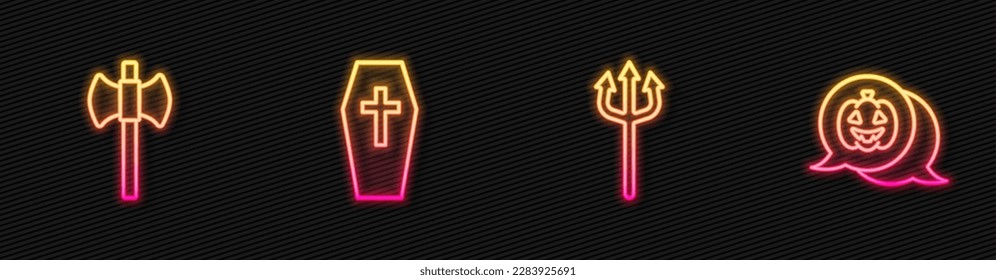 Set line Neptune Trident, Wooden axe, Coffin with cross and Pumpkin. Glowing neon icon. Vector