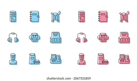Set line Nerd geek, Burger, Computer, Monitor with keyboard, School backpack, Waistcoat, Headphones and Spiral notebook icon. Vector