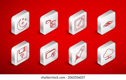 Set line Network cloud connection, Folder tree, Open in new window, UFO flying spaceship, Rocket with fire, Moon and stars, Unknown directory and document icon. Vector