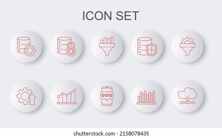 Set line Network cloud connection, Arrow growth gear, Sales funnel with chart, Pie infographic, Server and, security lock,  and Mobile password icon. Vector