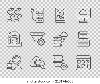 Set line Network cloud connection, Different files, Hard disk drive HDD, Search computing, Data stream, Filter setting, Server and gear and Server, Data, Web Hosting icon. Vector