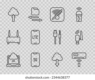 Set line Network cloud connection, Air conditioner, No Wi-Fi wireless internet, Mobile with 5G, Cloud upload, LTE network, download and Usb adapter icon. Vector