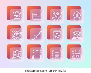 Set line Network cloud connection, Headphones, Energy drink, Cloud database, Katana, Medical pill biohacking, Hologram and Credit card icon. Vector