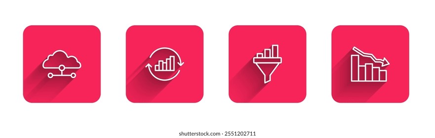 Set line Network cloud connection, Pie chart infographic, Sales funnel with and Financial growth decrease with long shadow. Red square button. Vector